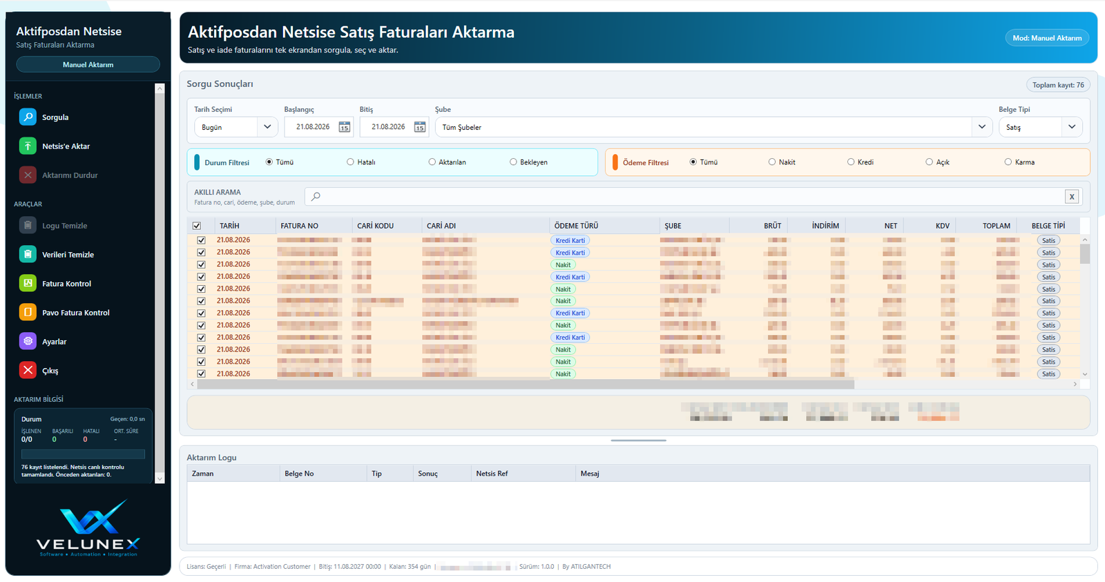 Aktifpos'tan Netsis'e satış faturası aktarım uygulaması: durum ve ödeme filtreleri, fatura listesi, aktarım bilgisi paneli ve aktarım logu.